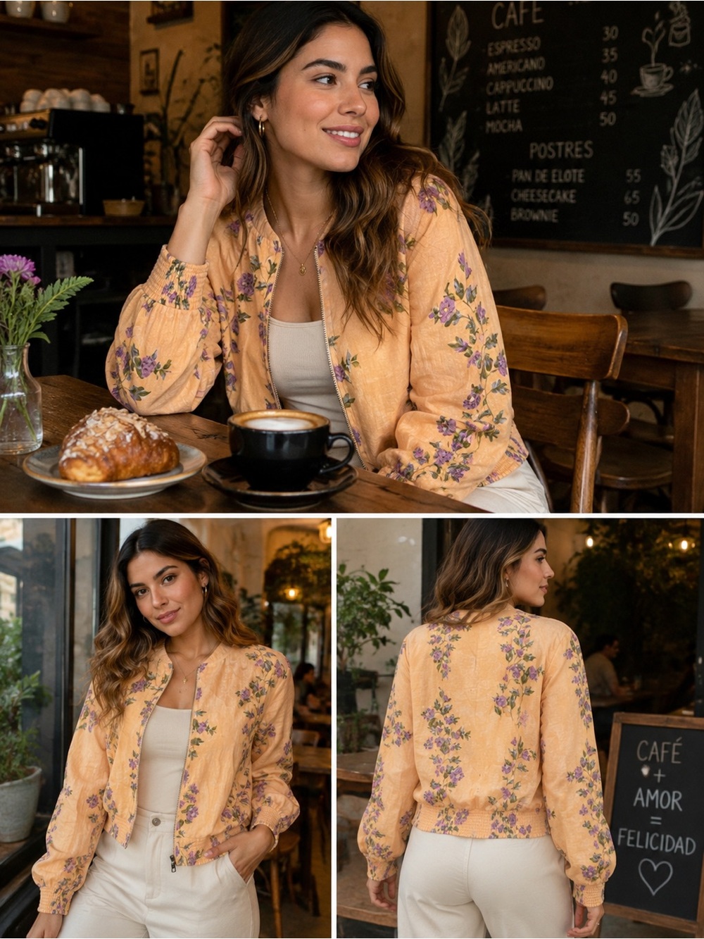 Mystree Floral Peach Bomber Jacket Lightweight Zip Front Size L